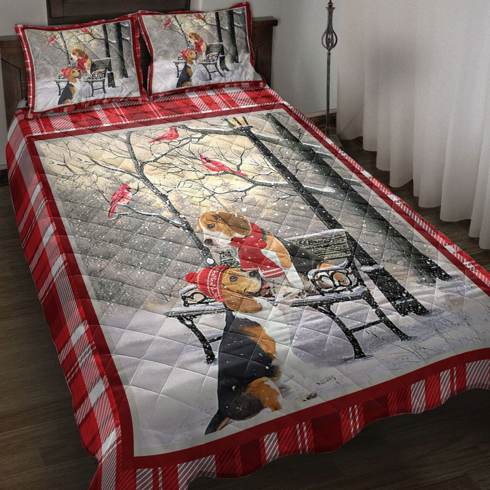 Beagle Quilt Set, Beagle Hellomas Snowflake Winter Park Cardinal Holiday Quilt Blanket