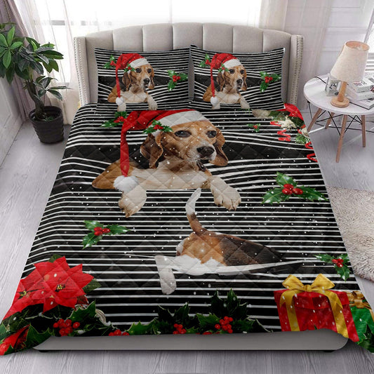 Beagle Quilt Set, Beaglemas Striped With Santa Hat And Holy Berry Snowflake Quilt Blanket