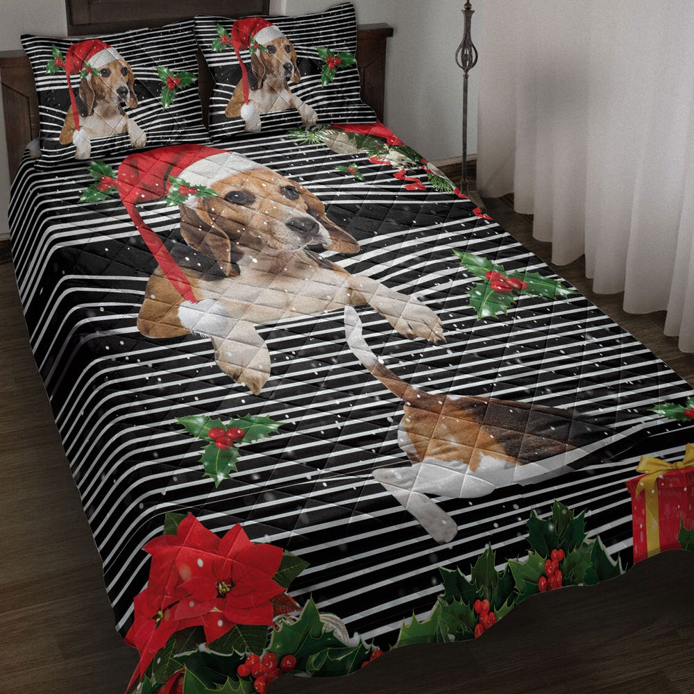 Beagle Quilt Set, Beaglemas Striped With Santa Hat And Holy Berry Snowflake Quilt Blanket