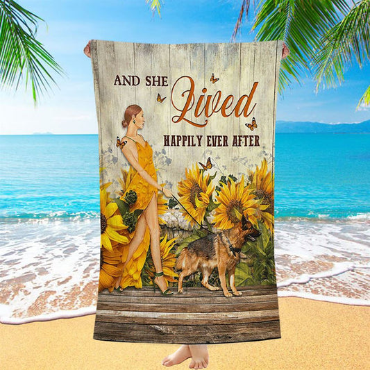 Beautiful Girl German Shepherd And She Lived Happily Beach Towel - Christian Beach Towel - Bible Verse Beach Towel