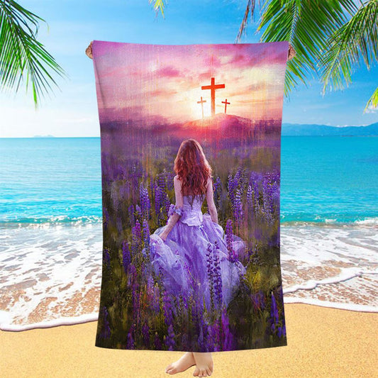 Beautiful Girl In The Lavender Field Cross Beach Towel - Christian Beach Towel - Bible Verse Beach Towel