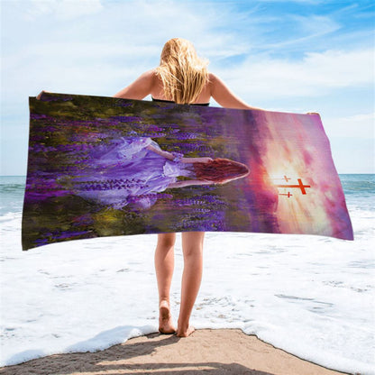 Beautiful Girl In The Lavender Field Cross Beach Towel - Christian Beach Towel - Bible Verse Beach Towel