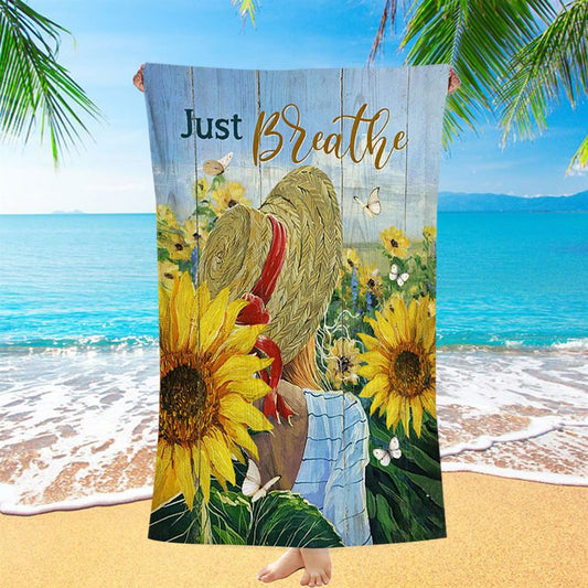 Beautiful Girl Sunflower Just Breathe Beach Towel - Christian Beach Towel - Bible Verse Beach Towel
