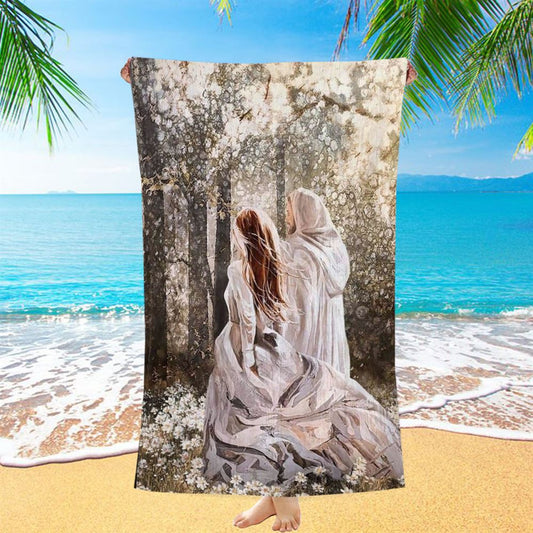 Beautiful Girl Walking With Jesus In The Flower Field Beach Towel, Christian Beach Towel, Christian Gift, Gift For Women