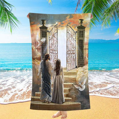 Beautiful Woman And Jesus Flying Dove Heaven Door Beach Towel - Bible Verse Beach Towel - Inspirational Art - Christian Beach Towel