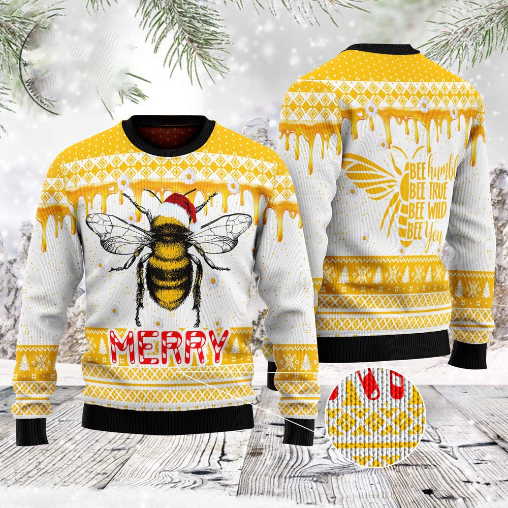 Bee Merry Santa Hat Ugly Christmas Sweater, Funny Xmas Sweater, Sweater Xmas
