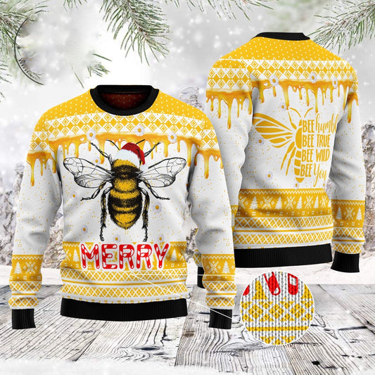 Bee Merry Santa Hat Ugly Christmas Sweater, Funny Xmas Sweater, Sweater Xmas