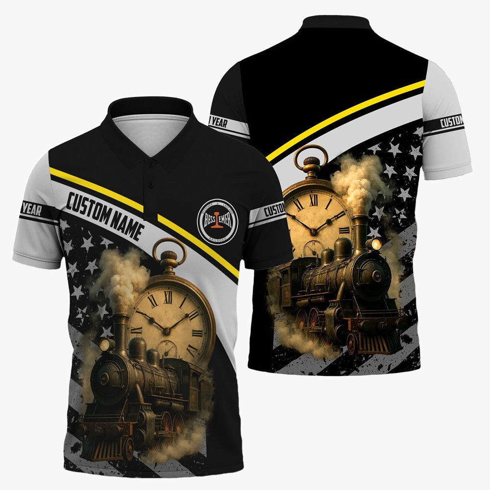 Bessemer And Lake Erie Railroad Polo Shirt, Classic Steam Engine With Retro Pocket Watch Polo Shirt