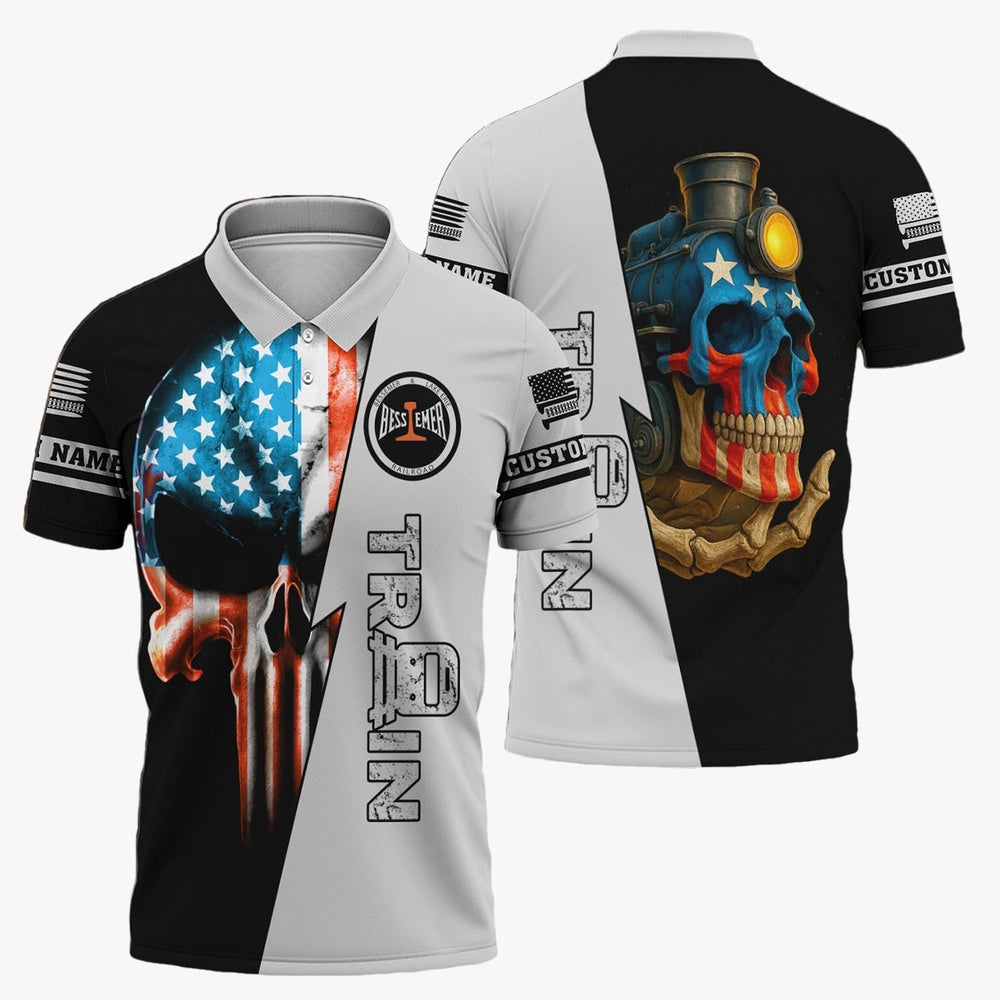 Bessemer And Lake Erie Railroad Polo Shirt, Train Skull American Flag Polo Shirt