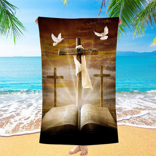 Big Cross Amazing Halo Bible White Dove Beach Towel - Bible Verse Beach Towel - Inspirational Art - Christian Beach Towel