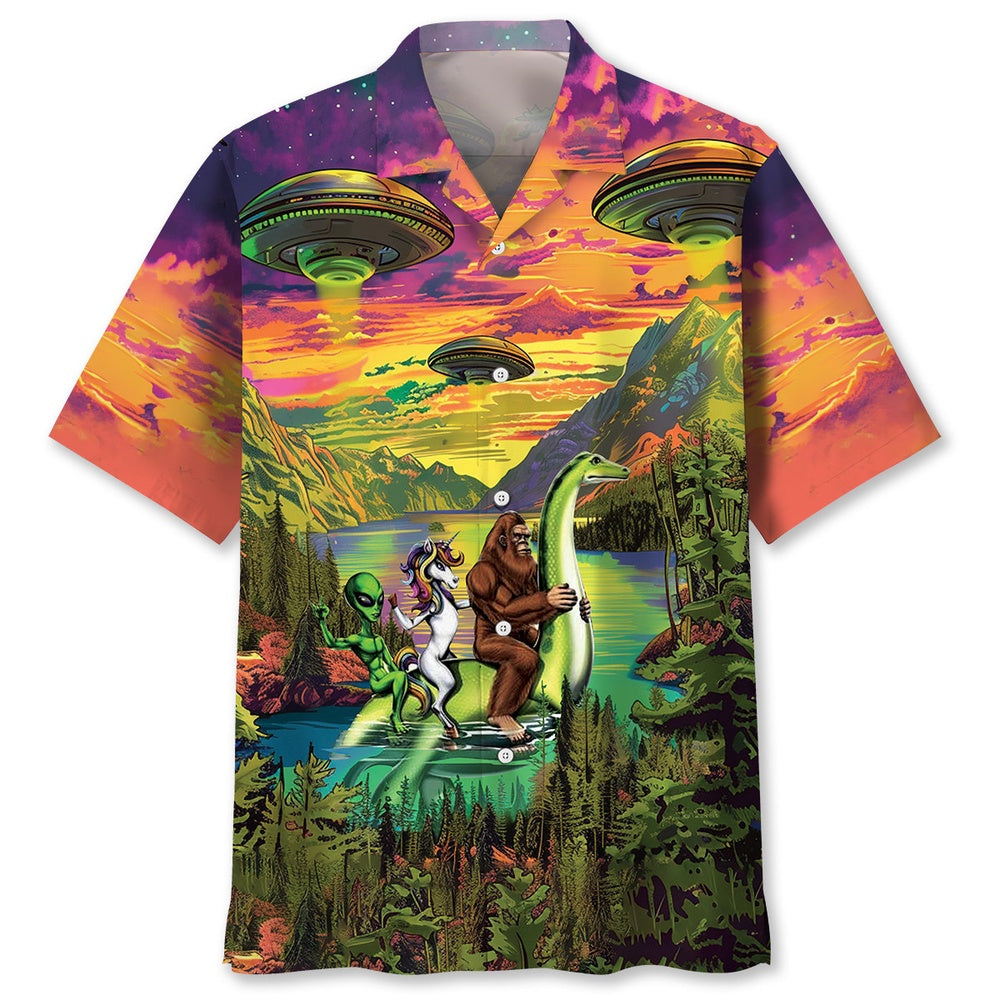 Bigfoot Alien Riding Nessie Hawaiian Shirt, Funny Hawaiian Shirt, Cool Hawaiian Shirts, Best Hawaiian Shirts