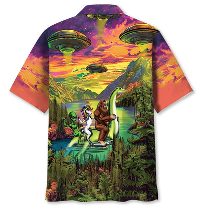 Bigfoot Alien Riding Nessie Hawaiian Shirt, Funny Hawaiian Shirt, Cool Hawaiian Shirts, Best Hawaiian Shirts