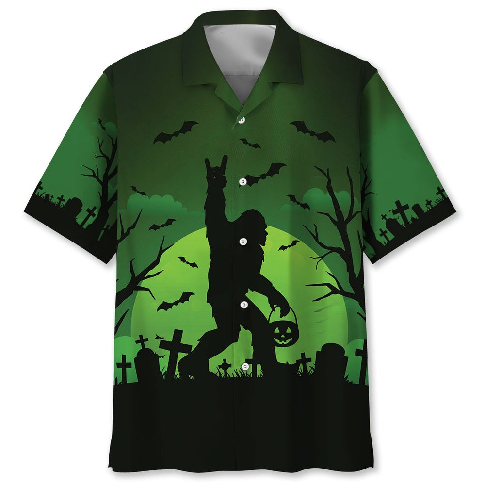 Bigfoot Halloween Night Green Hawaiian Shirt, Funny Hawaiian Shirt, Cool Hawaiian Shirts, Best Hawaiian Shirts