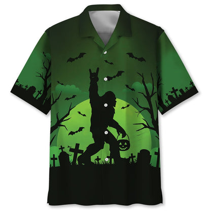 Bigfoot Halloween Night Green Hawaiian Shirt, Funny Hawaiian Shirt, Cool Hawaiian Shirts, Best Hawaiian Shirts
