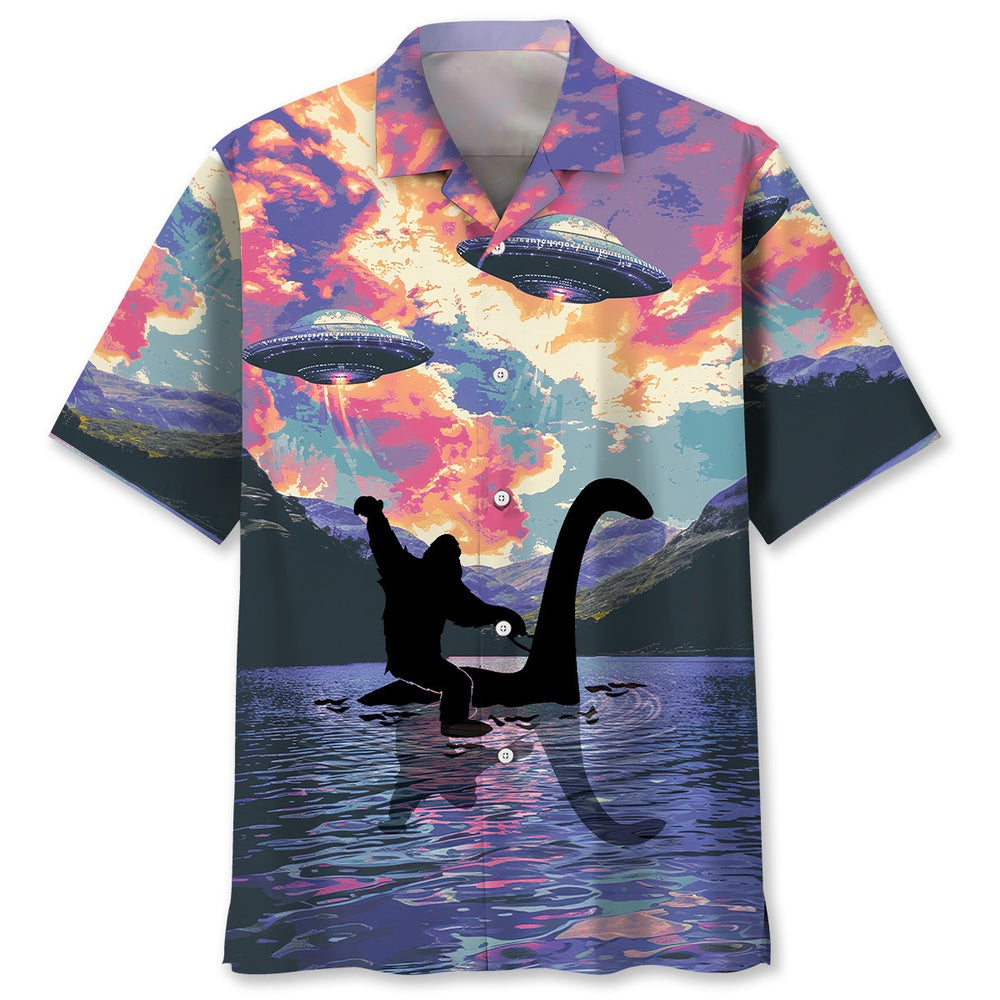 Bigfoot Riding Nessie Loch Ness Monster Hawaiian Shirt, Funny Hawaiian Shirt, Cool Hawaiian Shirts, Best Hawaiian Shirts