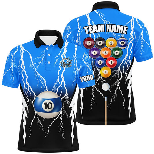 Billiard Polo Shirts, 10 Ball Pool Custom Black Blue Lightning Thunder Polo Shirts, 10 Ball Billiard Apparel Clothing, Billiards Team Shirts