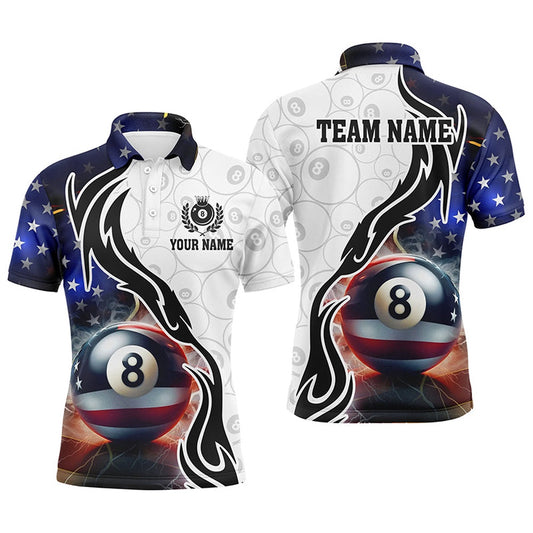 Billiard Polo Shirts, 3D 8 Ball Pool Lightning US Flag Personalized Billiard Shirts, Patriotic Shirts For Pooler, Billiards Team Shirts