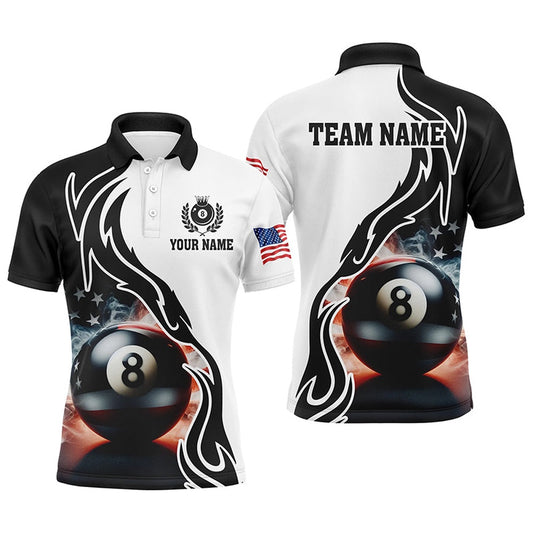 Billiard Polo Shirts, 3D 8 Ball Pool Smoke Us Flag Personalized Billiard Polo Shirts, Patriotic Shirts For Pooler, Billiards Team Shirts