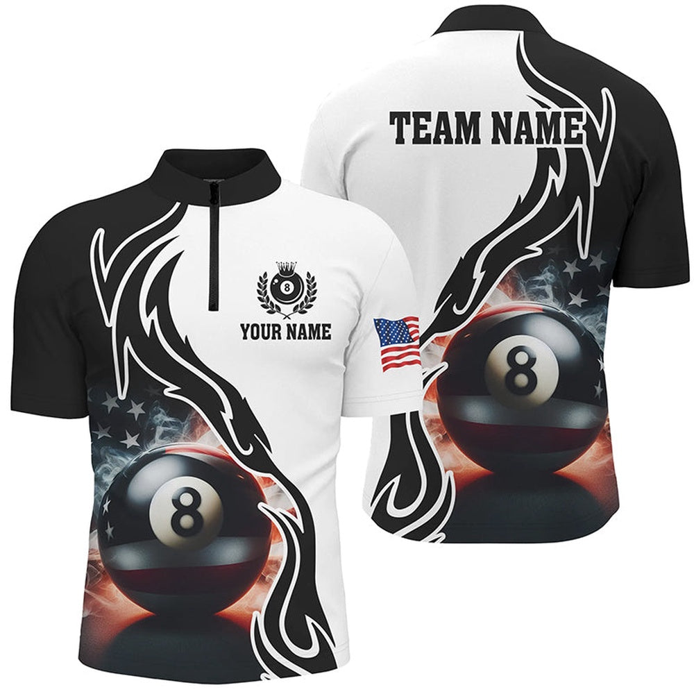 Billiard Polo Shirts, 3D 8 Ball Pool Smoke Us Flag Personalized Billiard Polo Shirts, Patriotic Shirts For Pooler, Billiards Team Shirts
