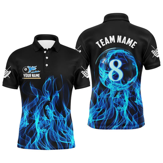 Billiard Polo Shirts, 3D Blue Flaming 8 Ball Pool Magic Billiard Polo Shirts Custom Pool Player Shirts Jersey, Billiards Team Shirts