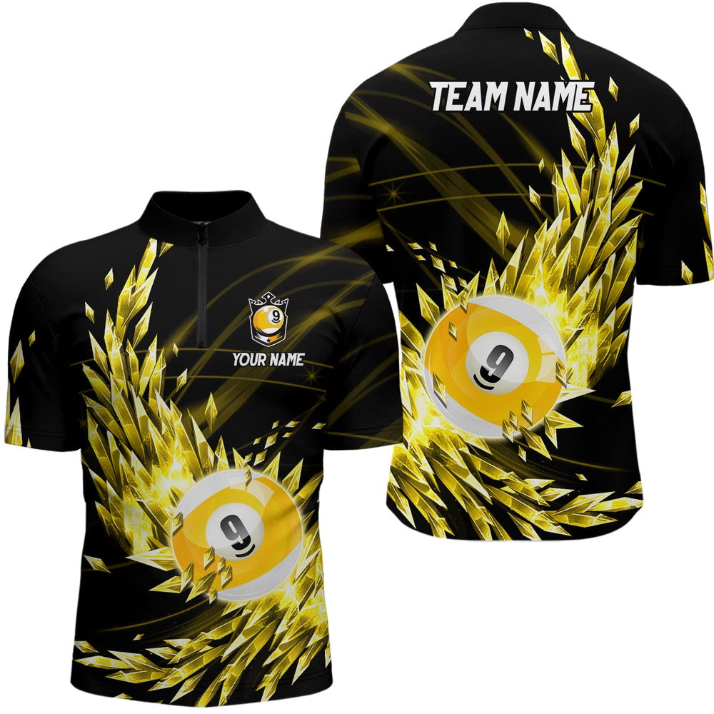 Billiard Polo Shirts, 3D Yellow Frozen Ice Billiard Shirts Personalized 9 Ball Pool Billiard Attire Jerseys, Billiards Team Shirts