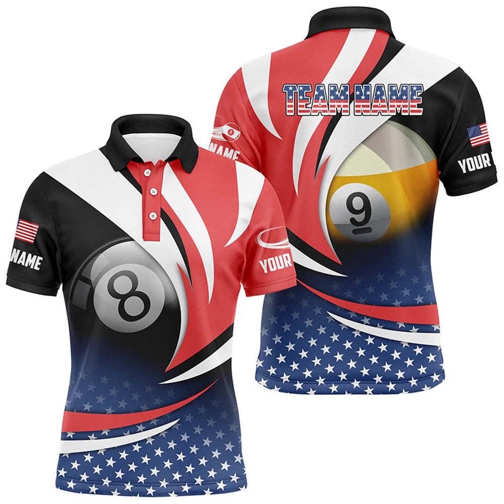Billiard Polo Shirts, 8 Ball & 9 Ball Pool Custom American Flag Billiard Shirts, Patriotic Billiard Pool Jerseys, Billiards Team Shirts