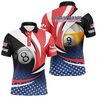 Billiard Polo Shirts, 8 Ball & 9 Ball Pool Custom American Flag Billiard Shirts, Patriotic Billiard Pool Jerseys, Billiards Team Shirts