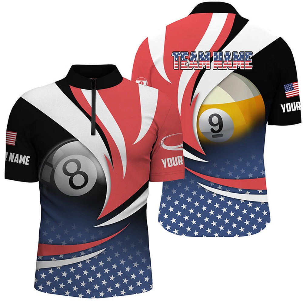 Billiard Polo Shirts, 8 Ball & 9 Ball Pool Custom American Flag Billiard Shirts, Patriotic Billiard Pool Jerseys, Billiards Team Shirts