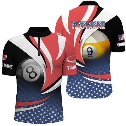Billiard Polo Shirts, 8 Ball & 9 Ball Pool Custom American Flag Billiard Shirts, Patriotic Billiard Pool Jerseys, Billiards Team Shirts