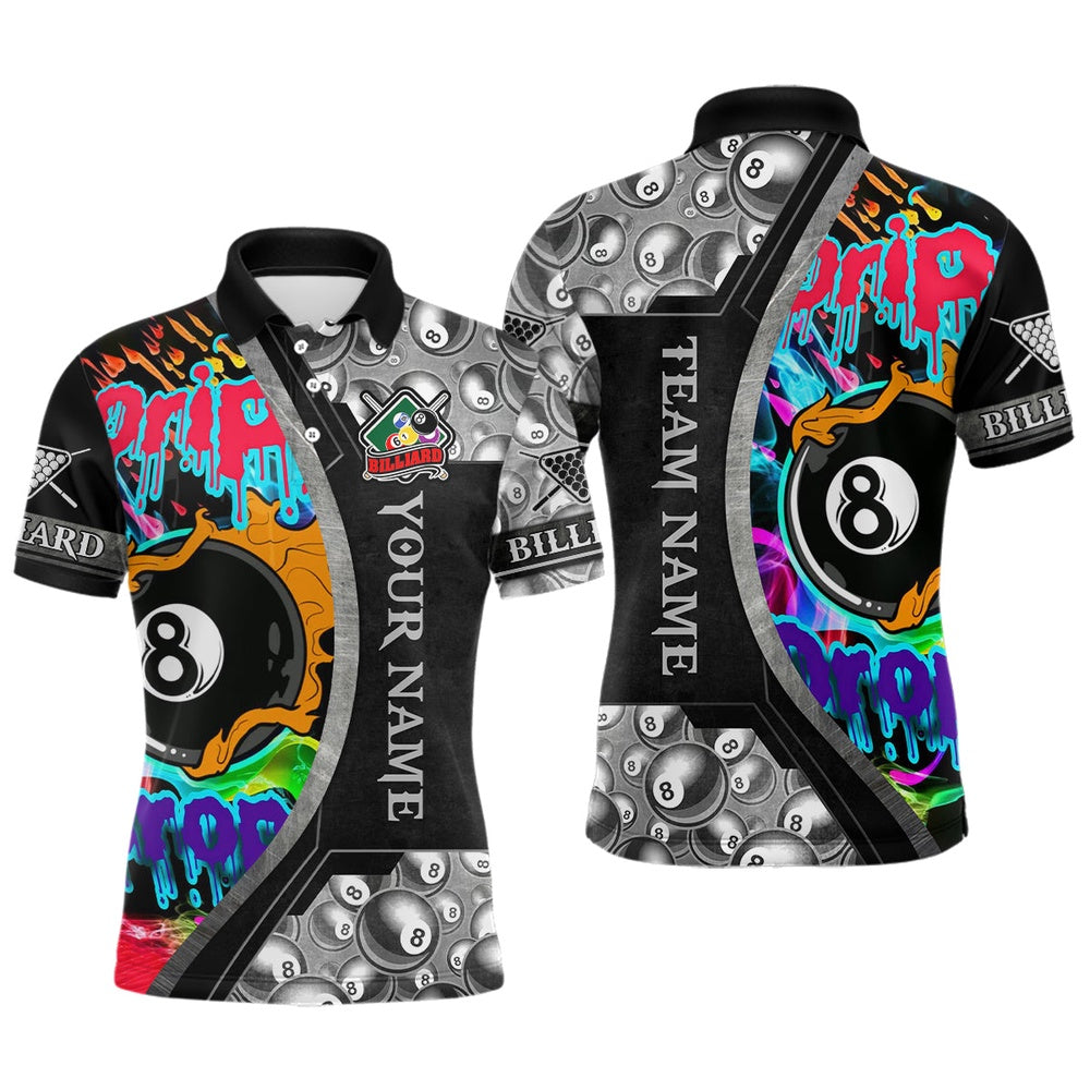 Billiard Polo Shirts, 8 Ball Billiard Drip And Drop Personalized Polo Shirts, Custom Billiard Balls Shirts, Billiards Team Shirts