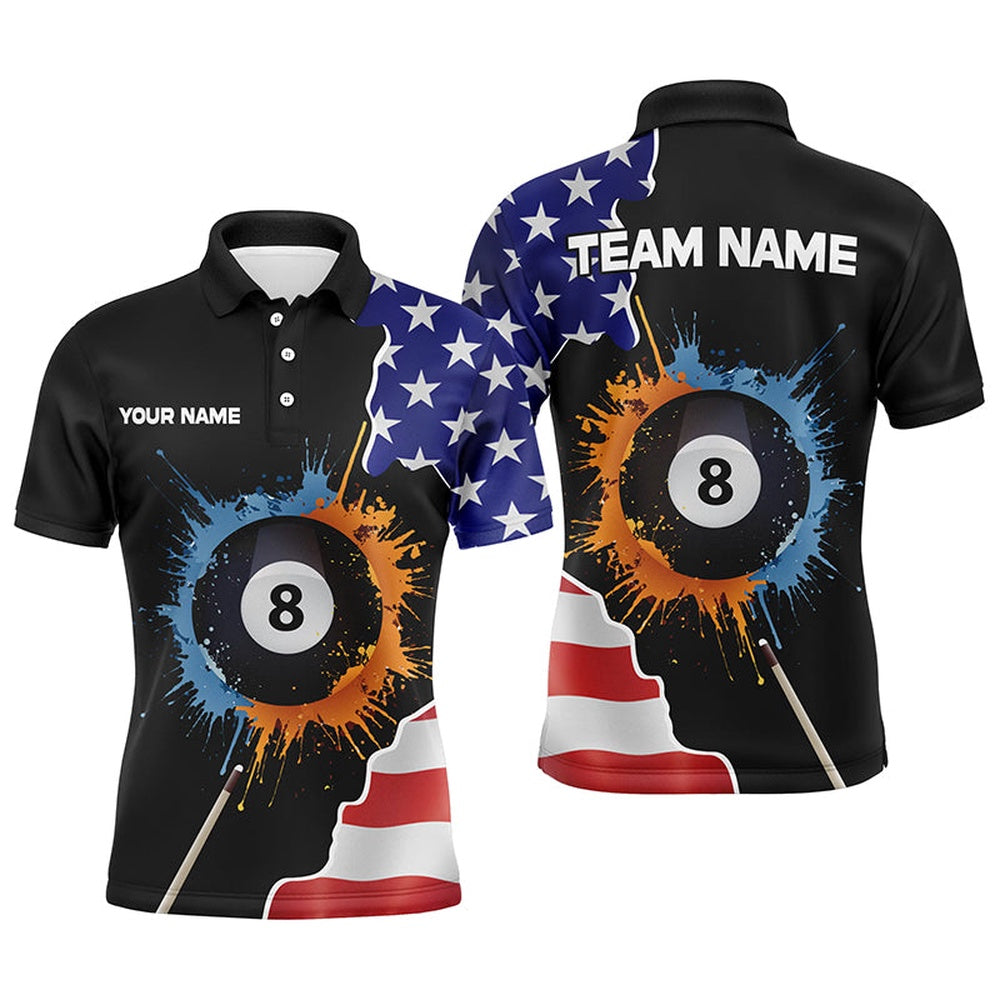 Billiard Polo Shirts, 8 Ball Billiard Watercolor American Flag Custom Name Polo Shirts Patriotic Gifts For Player, Billiards Team Shirts
