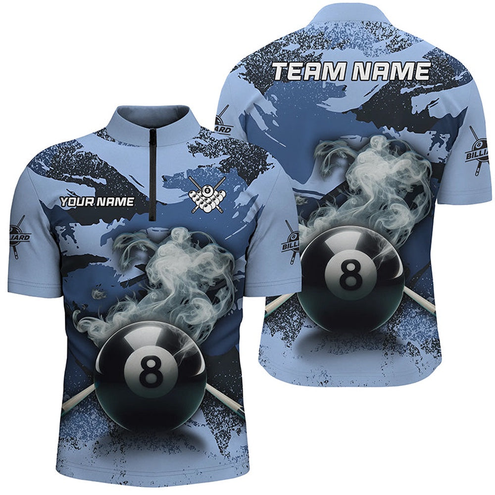 Billiard Polo Shirts, 8 Ball Pool & Cue Smoke Custom Blue Camo Polo Shirts, Billiard Snooker Outfits, Billiards Team Shirts