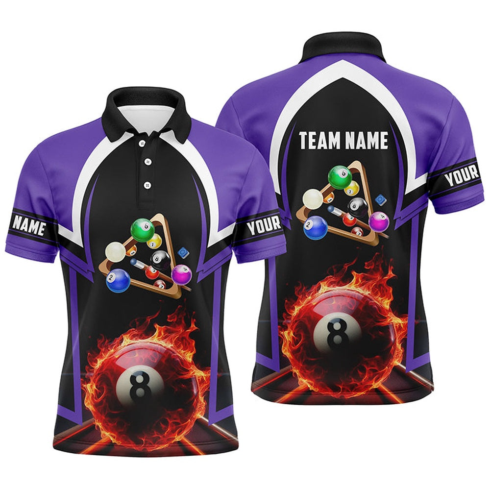 Billiard Polo Shirts, 8 Ball Pool Fire 3D Personalized Purple Billiard Jerseys Polo Shirts Custom Pool Team Jerseys, Billiards Team Shirts
