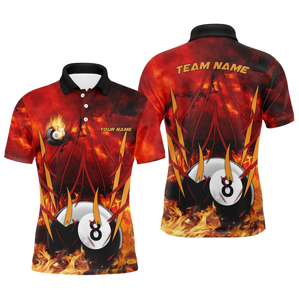 Billiard Polo Shirts, 8 Ball Pool In Fire Custom 3D Printed Billiard Polo Shirts, Best Pool Team Jerseys Shirts, Billiards Team Shirts