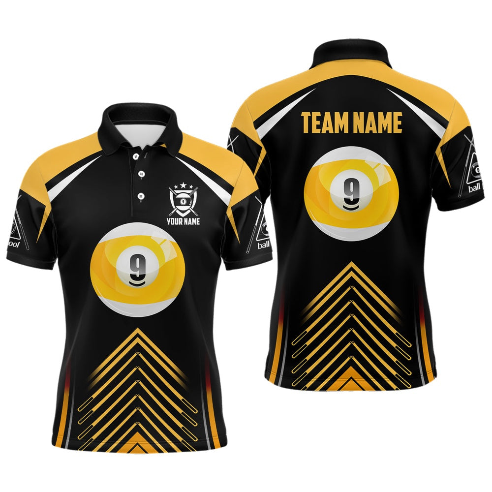 Billiard Polo Shirts, 9 Ball Black Yellow Version Custom Billiard Polo Shirts, 9 Ball Pool Billiards Jerseys, Billiards Team Shirts