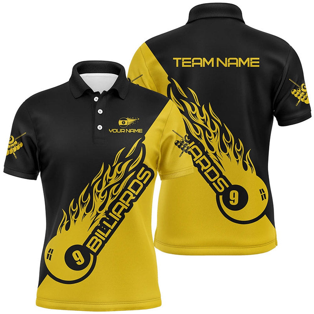 Billiard Polo Shirts, 9 Ball Pool Back Yellow Personalized Name Billiard Shirts Custom Billiard Polo Shirts, Billiards Team Shirts