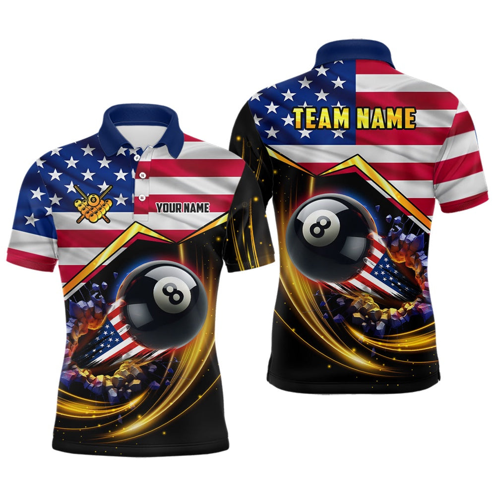 Billiard Polo Shirts, American Flag 8 Ball Pool Billiard Shirts Custom Patriotic 4Th Of July Billiard Jerseys, Billiards Team Shirts
