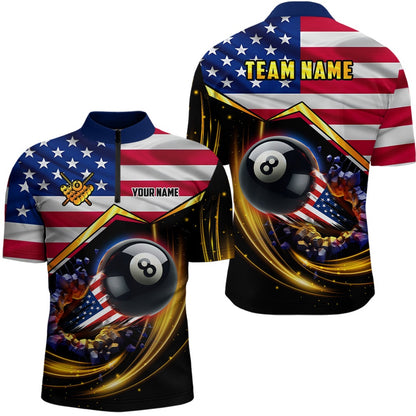 Billiard Polo Shirts, American Flag 8 Ball Pool Billiard Shirts Custom Patriotic 4Th Of July Billiard Jerseys, Billiards Team Shirts