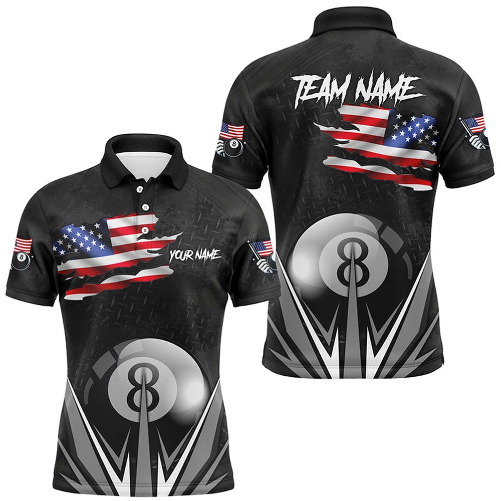 Billiard Polo Shirts, American Flag 8 Ball Pool Custom Name Black Billiard Jerseys, Patriotic Billiard Shirts, Billiards Team Shirts