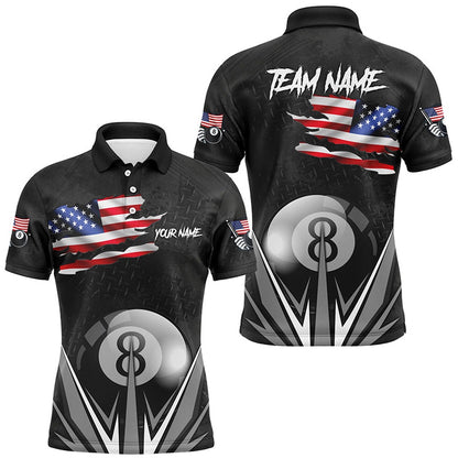 Billiard Polo Shirts, American Flag 8 Ball Pool Custom Name Black Billiard Jerseys, Patriotic Billiard Shirts, Billiards Team Shirts