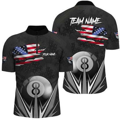 Billiard Polo Shirts, American Flag 8 Ball Pool Custom Name Black Billiard Jerseys, Patriotic Billiard Shirts, Billiards Team Shirts