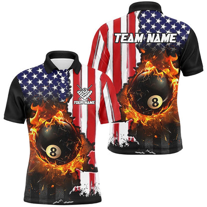 Billiard Polo Shirts, American Flag 8 Ball Pool Fire Break Glass Custom Billiard Shirts, Patriotic Billiard Jerseys, Billiards Team Shirts