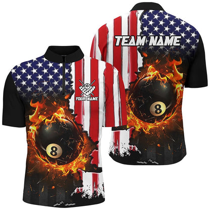 Billiard Polo Shirts, American Flag 8 Ball Pool Fire Break Glass Custom Billiard Shirts, Patriotic Billiard Jerseys, Billiards Team Shirts