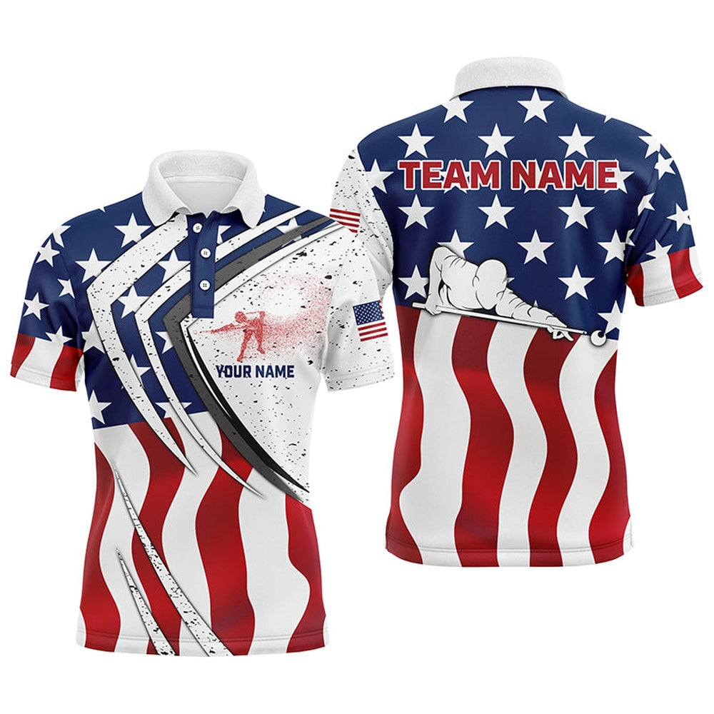 Billiard Polo Shirts, American Flag Billiard Player Custom Name 3D Polo Shirts, Patriotic Gifts For Pool Lover, Billiards Team Shirts