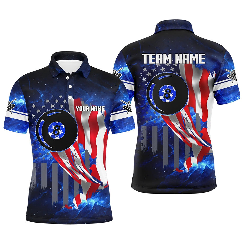 Billiard Polo Shirts, American Flag Blue Galaxy Personalized Billiard Polo Shirts, 8 Ball Pool Team League Shirts, Billiards Team Shirts
