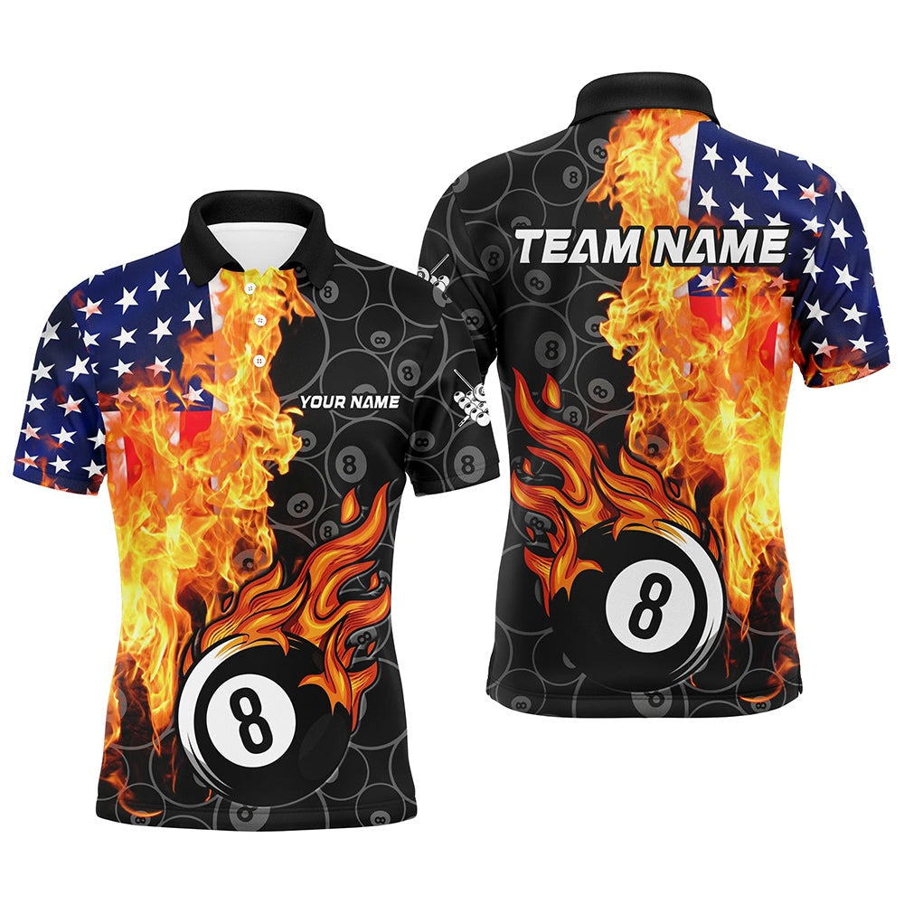 Billiard Polo Shirts, American Flag Fire Flame 8 Ball Billiard Shirts Customized Patriotic Billiard Pool Jerseys, Billiards Team Shirts