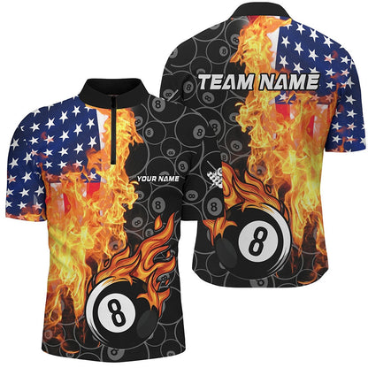 Billiard Polo Shirts, American Flag Fire Flame 8 Ball Billiard Shirts Customized Patriotic Billiard Pool Jerseys, Billiards Team Shirts
