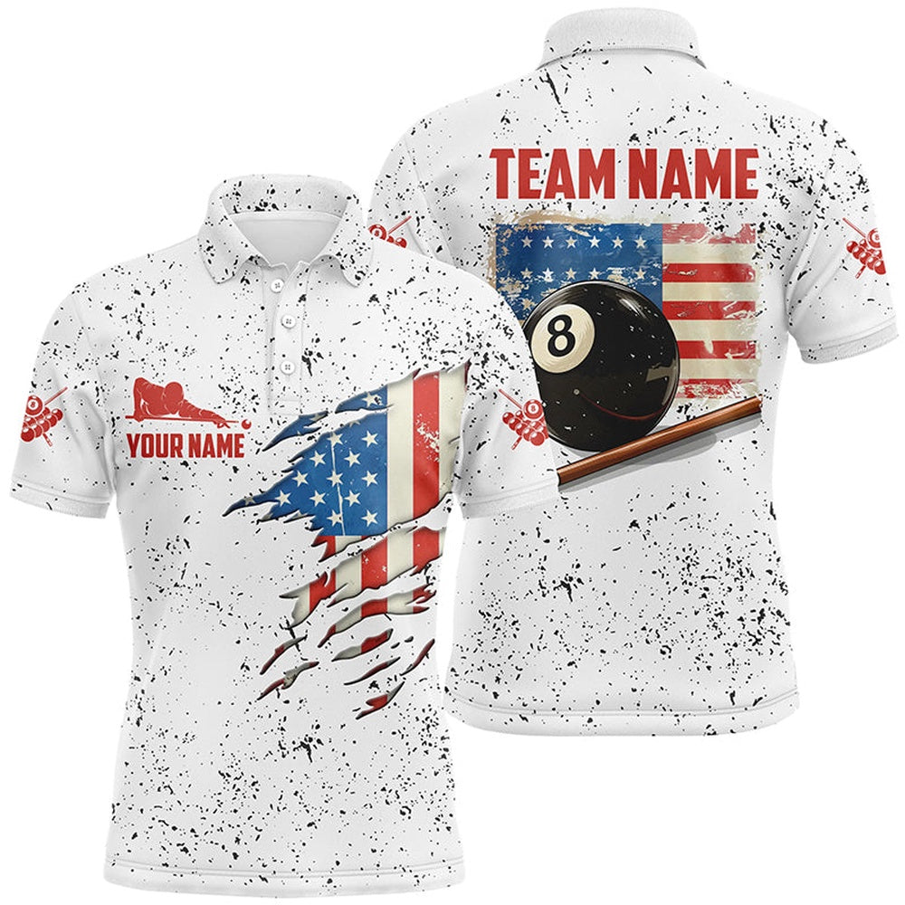 Billiard Polo Shirts, American Flag Grunge Style Billiard Polo Shirts Custom Patriotic 8 Ball Billiard Shirts, Billiards Team Shirts