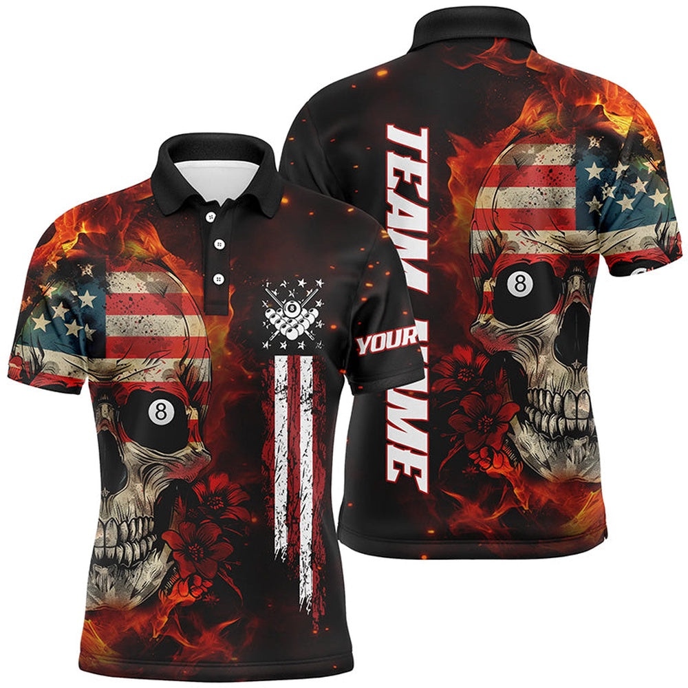 Billiard Polo Shirts, American Flag Skull Fire Billiard Polo & Polo Shirts Custom Patriotic Billiard Jersey, Billiards Team Shirts