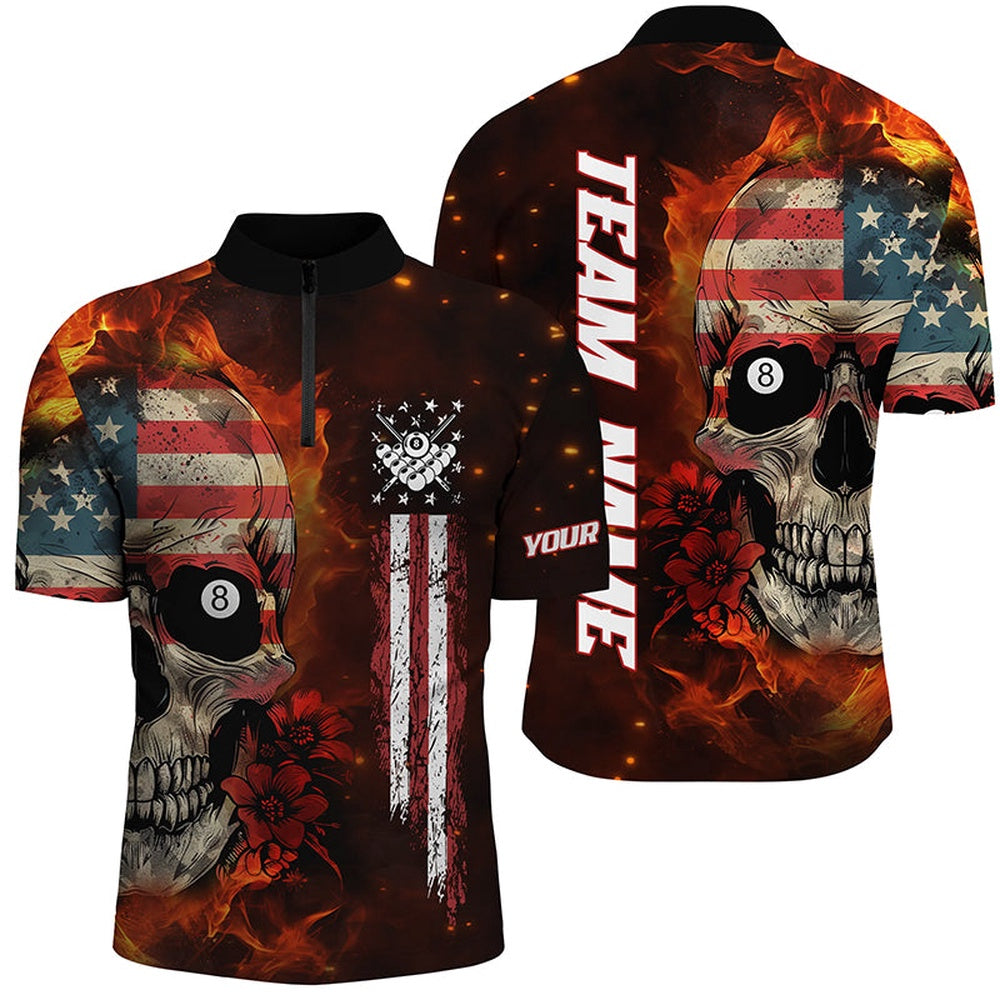 Billiard Polo Shirts, American Flag Skull Fire Billiard Polo & Polo Shirts Custom Patriotic Billiard Jersey, Billiards Team Shirts